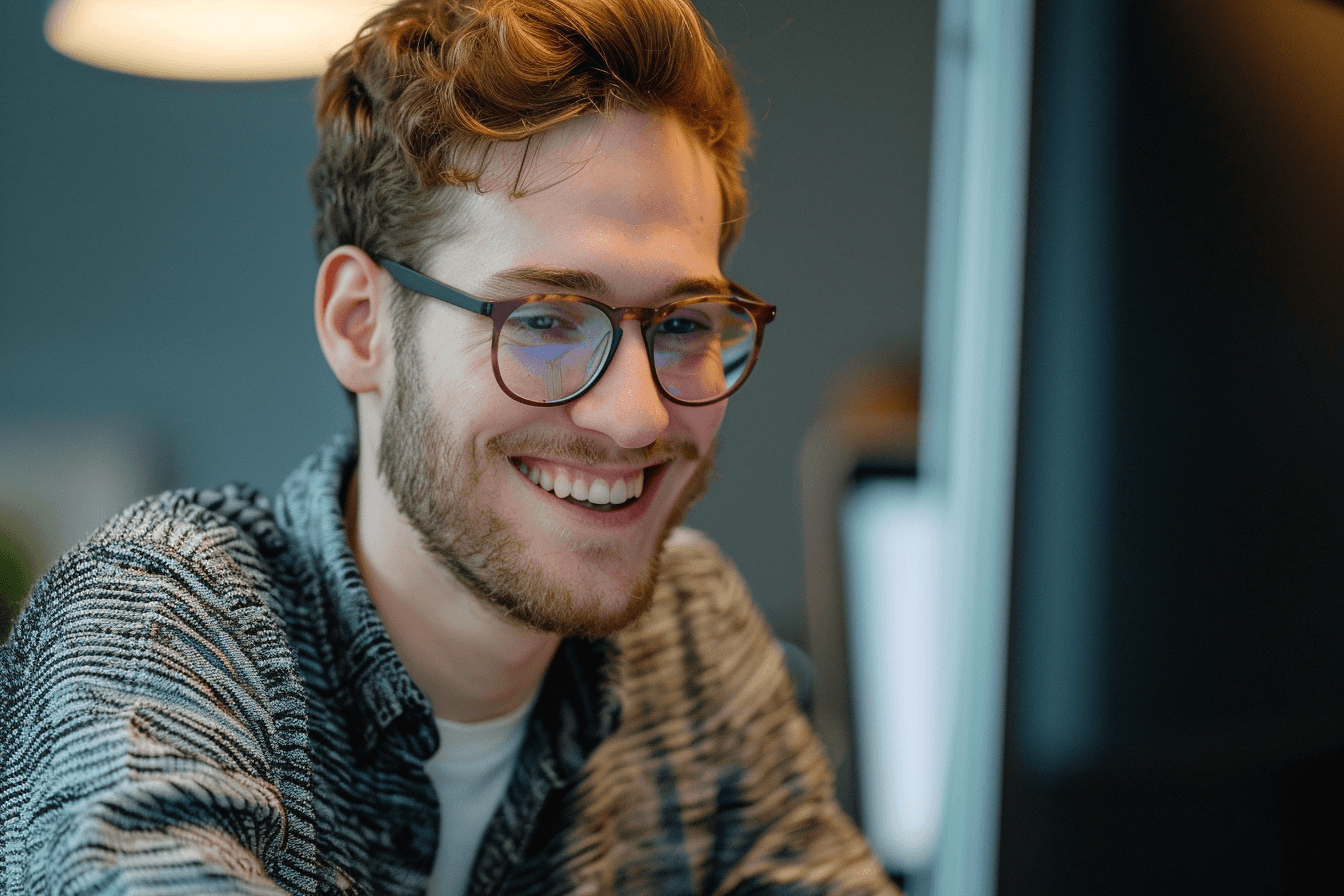 An attractive guy smiling while staring at his web development project on his computer screen