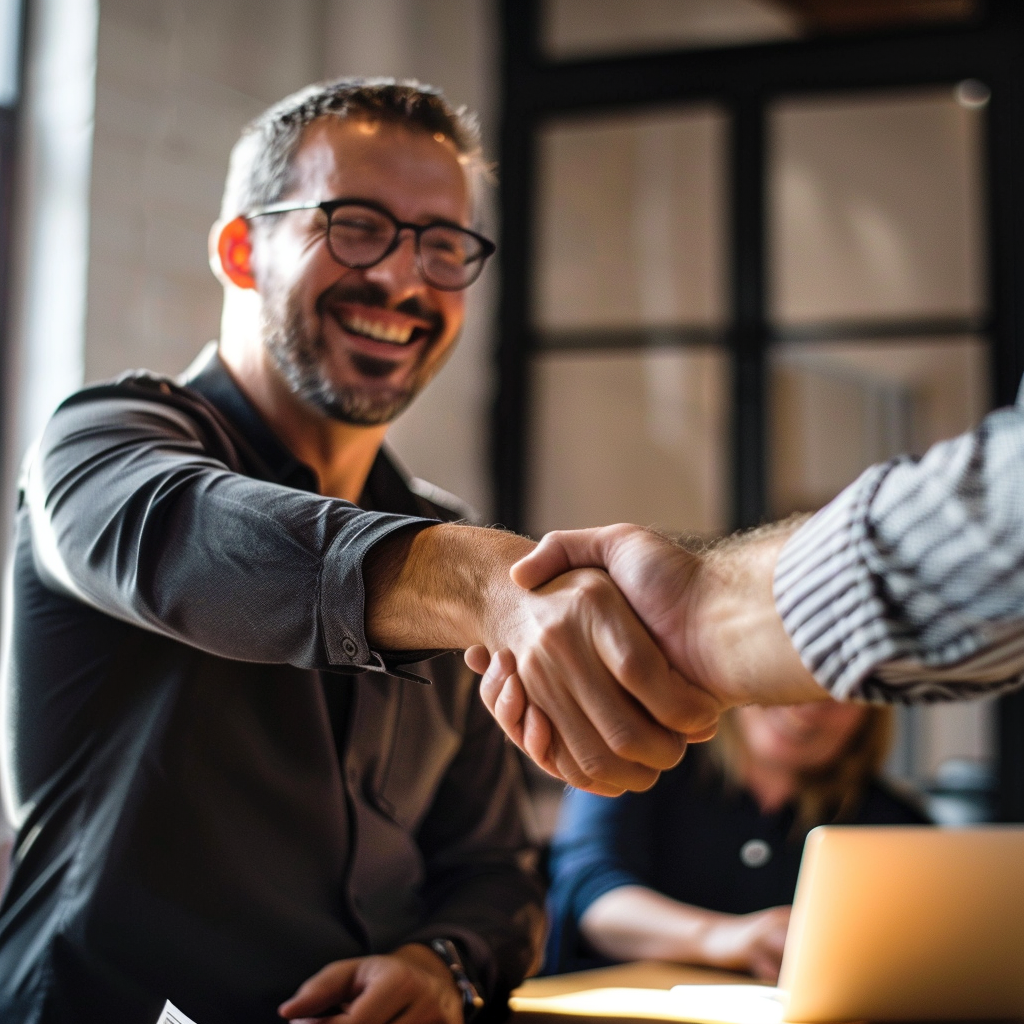 Smiling business owner shaking hands in agreement on his new web development project in Kansas City