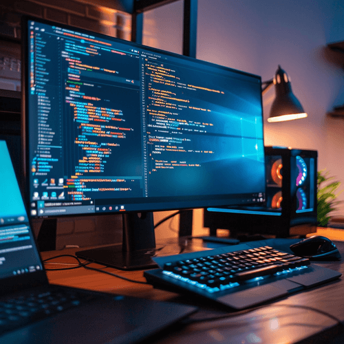 Computer screen and keyboard with code editor open on screen with code to demonstrate abilities with web development